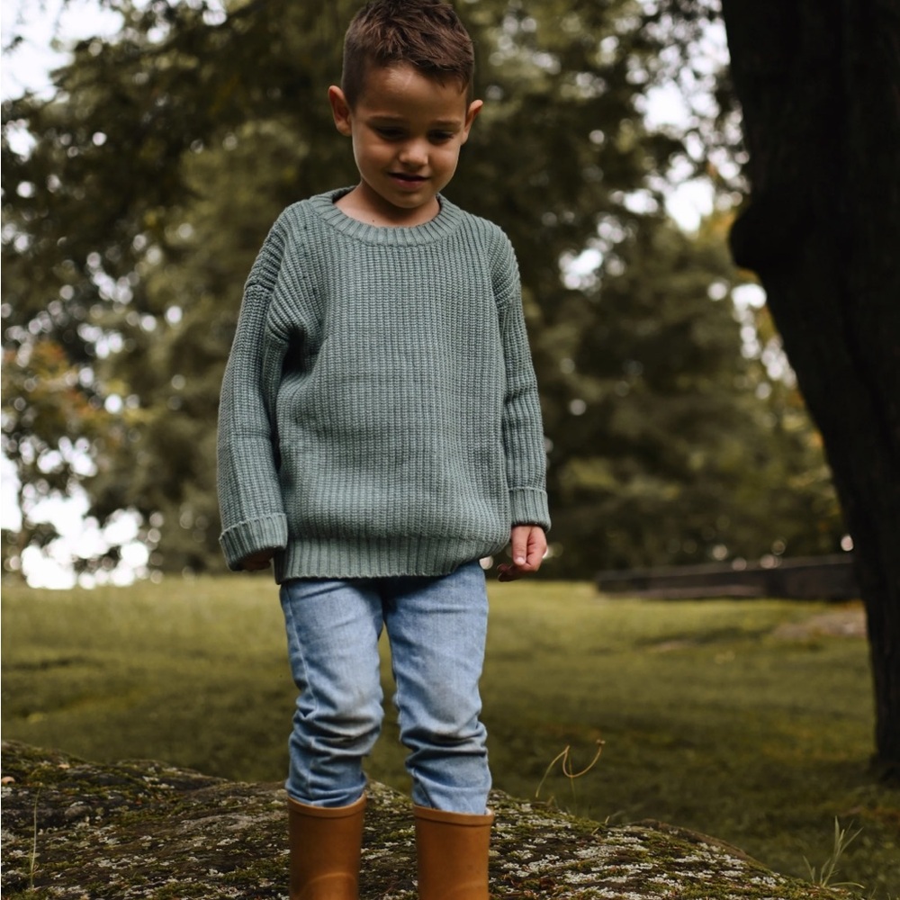 Kids Ribbed Crewneck Sweater - Olive Green